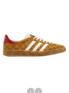adidas Tan Suede Sneakers with White Stripes and Red Heel